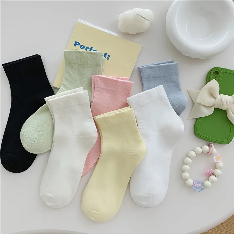 Socks Women Spring and Autumn Ice Cream Color Month Socks Summer Solid Color Breathable Sweat Absorbent Mid-tube Socks