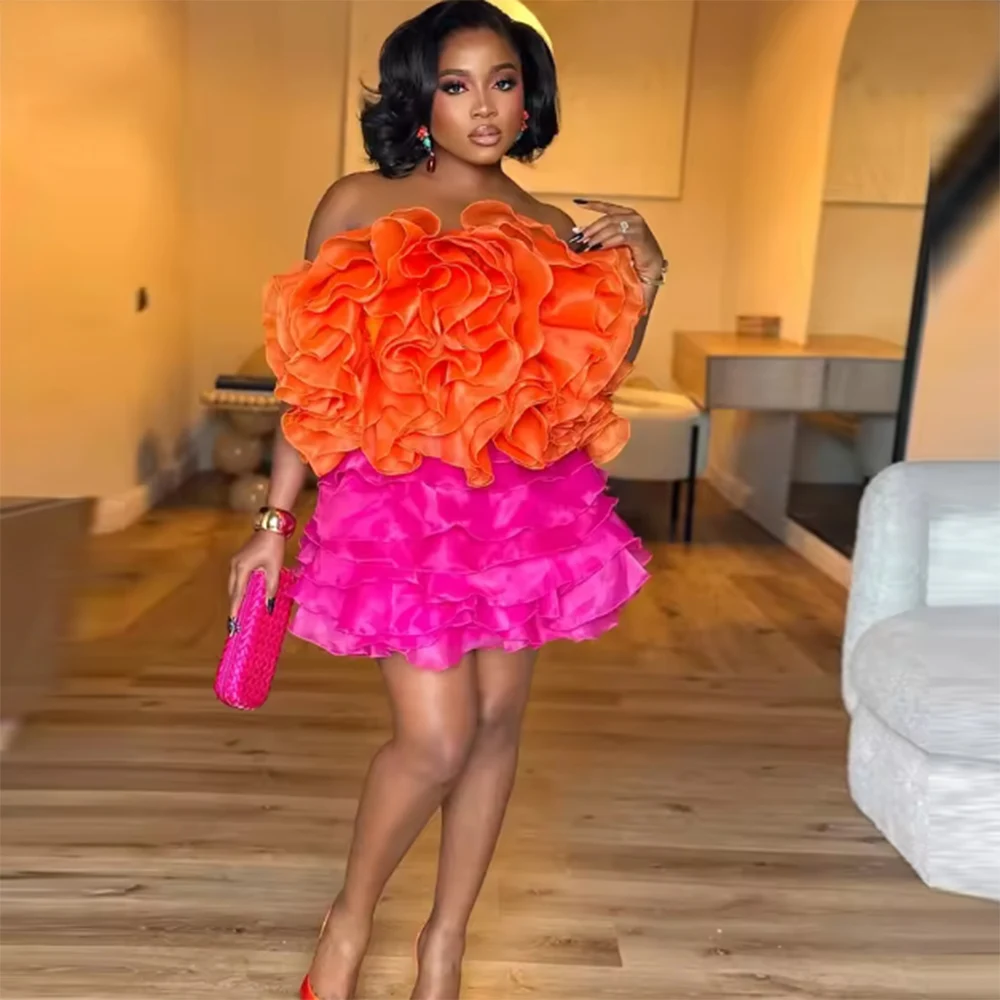 

Girls Orange & Fuchsia Strapless Ruffle Mini Evening Gown Prom Dress for Cocktail Party above Knee Length