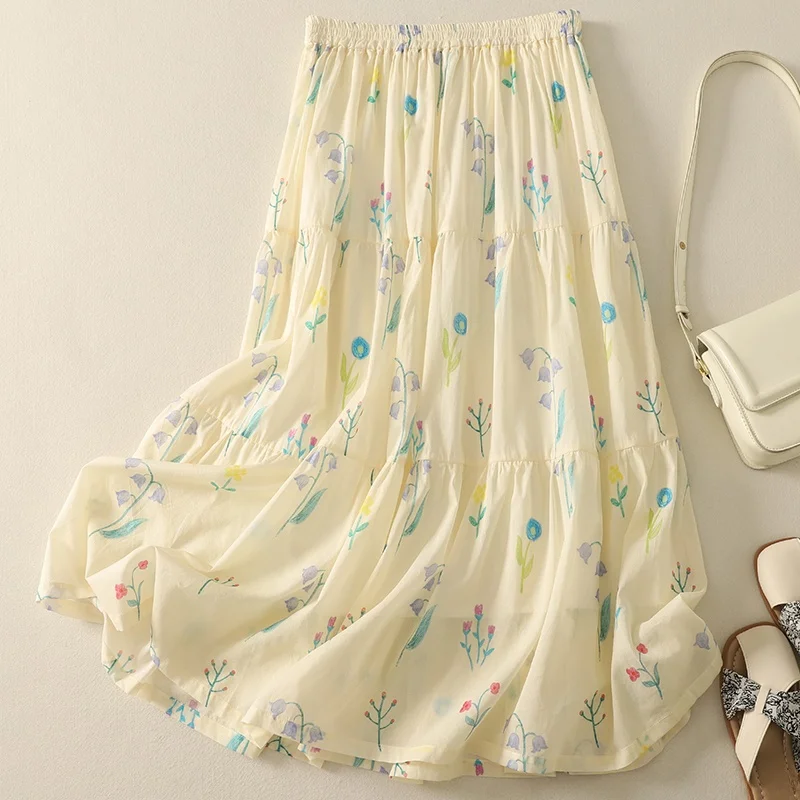 

Юбка-трапеция средней длины с ручной росписью цветами бельедонны, двухслойная, из тонкого хлопка, для женщин, весна-лето