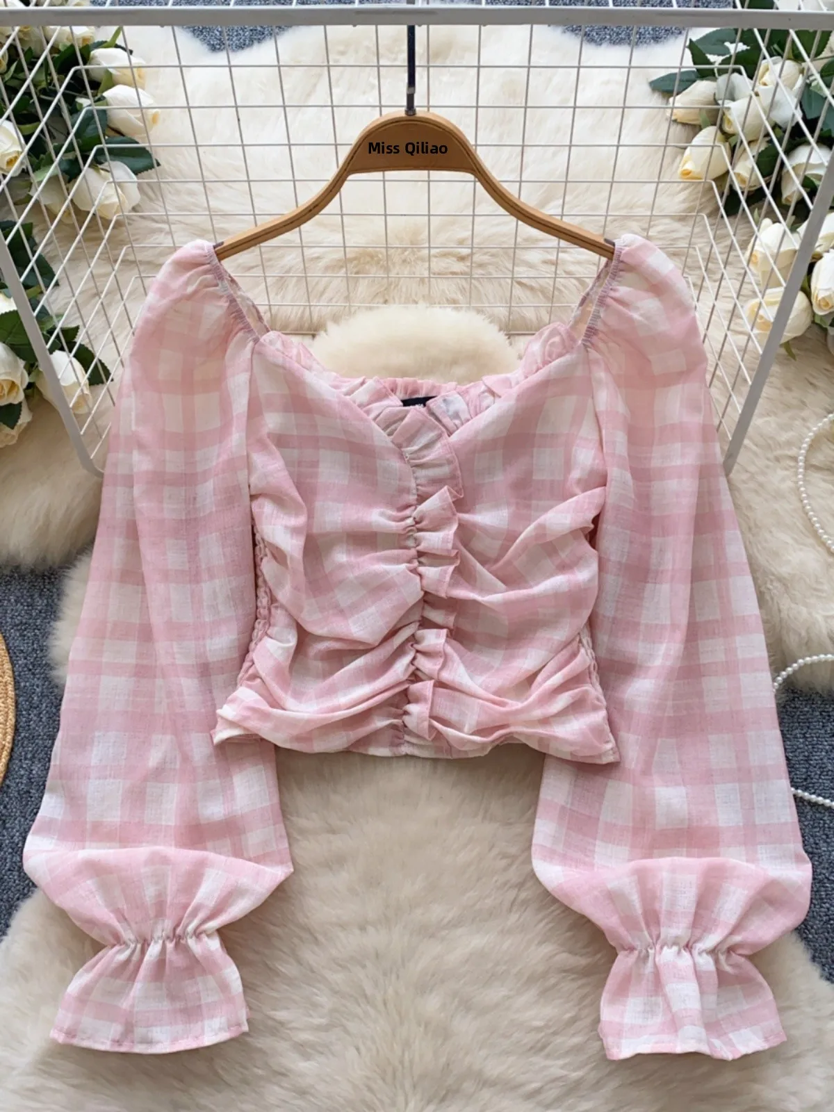 Sweet Versatile Plaid irt Women's New 2025 Gentle Sle Square Collar Pleated Waist ort Length Belly Button Exposure irt