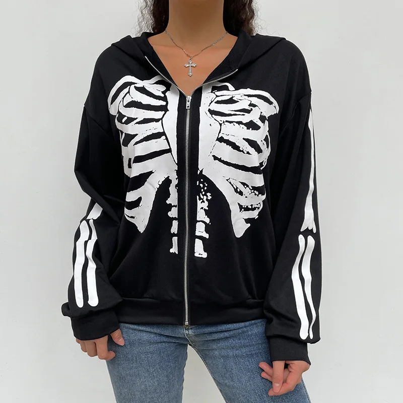 

Women Y2K Goth Skeleton Print Sweatshirt Zipper Up Hooded Retro Harajuku Jacket Grunge Long Sleeve Streetwear Casual Clothes