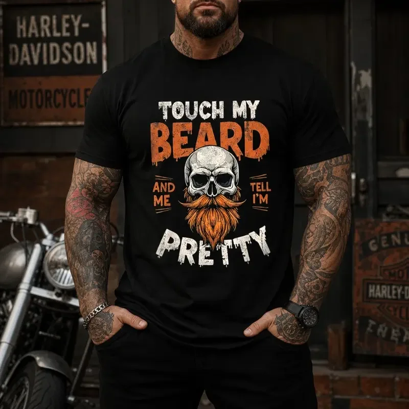 Men's Casual Crew Neck Short-Sleeve Breathable Cotton Vintage Sports Top - Skull Beard Print, Funny Biker Graphic, Ideal for Back to School, Halloween Gifts