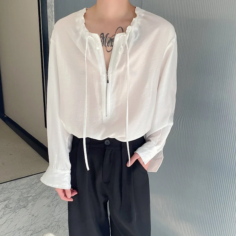 

Summer Long Sleeve T-Shirt Drawstring Design Loose Women's Style Sun Protection Mesh Cover up Thin Shirt Paper Thin Top