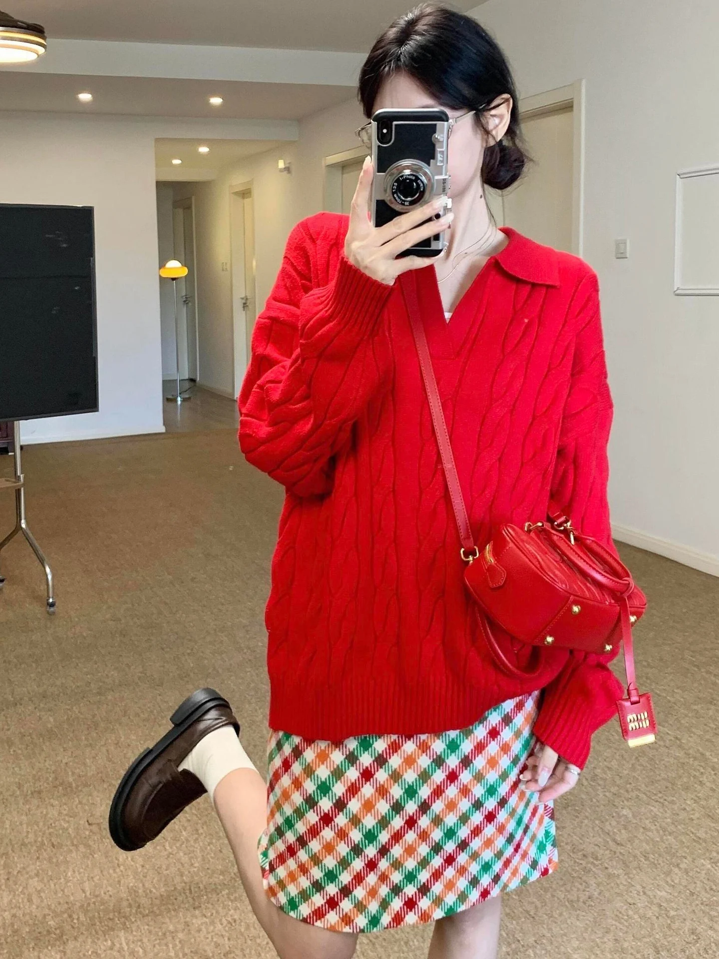 Korean Style Casual Rainbow Plaid High Waist A-Line  Skirt Women's Autumn Winter New Fashion Hip Covering Vintage Slimmin...