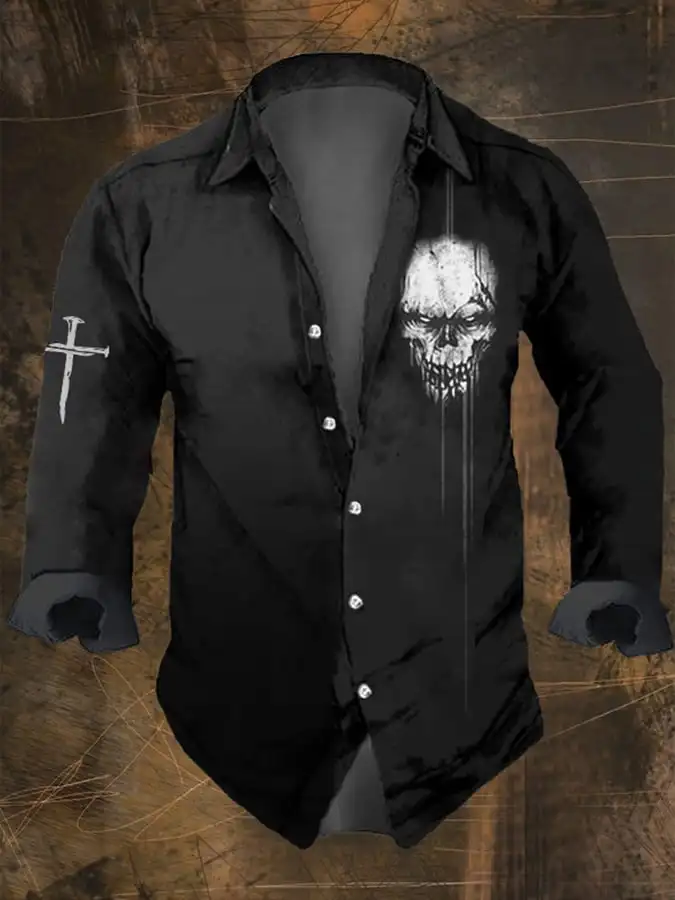 Halloween Party Men's Vintage Dark Skull Print Long Sleeve Shirt - Skull Print,Regular Fit,, Lapel Collar, Polyester Blend