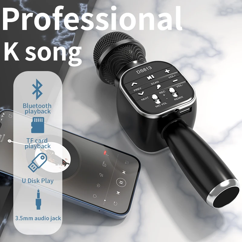 Wireless Bluetooth Karaoke Microphone Handheld Microphone Professional Speaker Music Player Gaming Mic for DS813 Home KTV