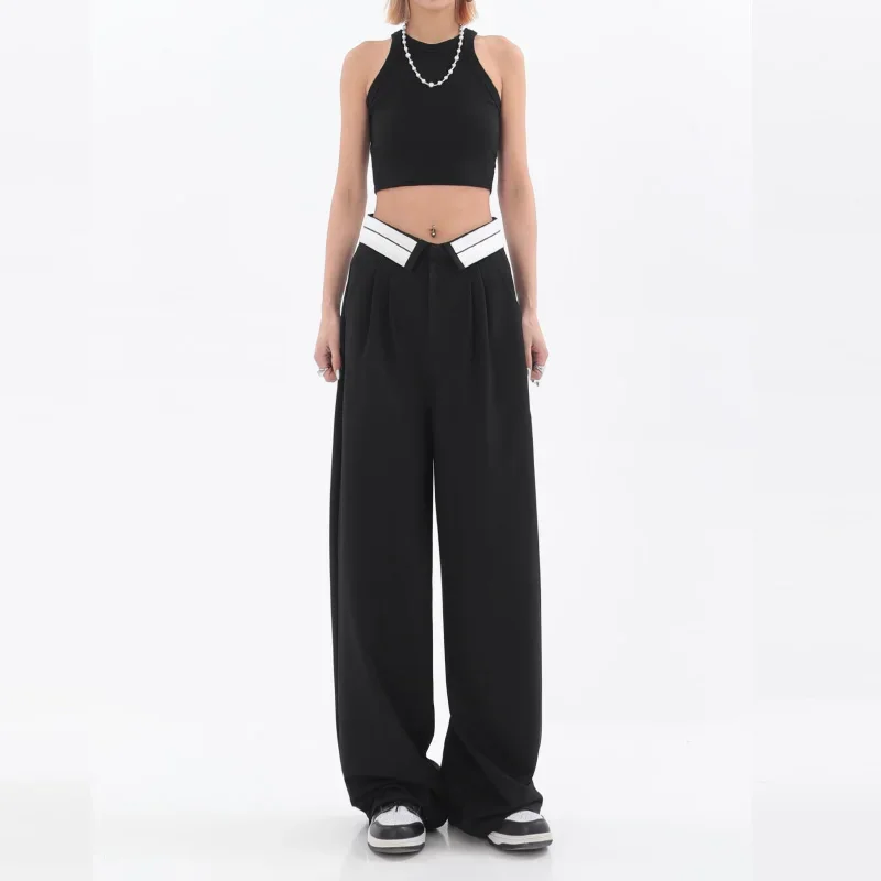 Women\'s Suit Pants High Waist Casual Grey Solid Simply Style Fashion Streetwear Y2k Design Baggy Soft Wide Leg Trousers Female