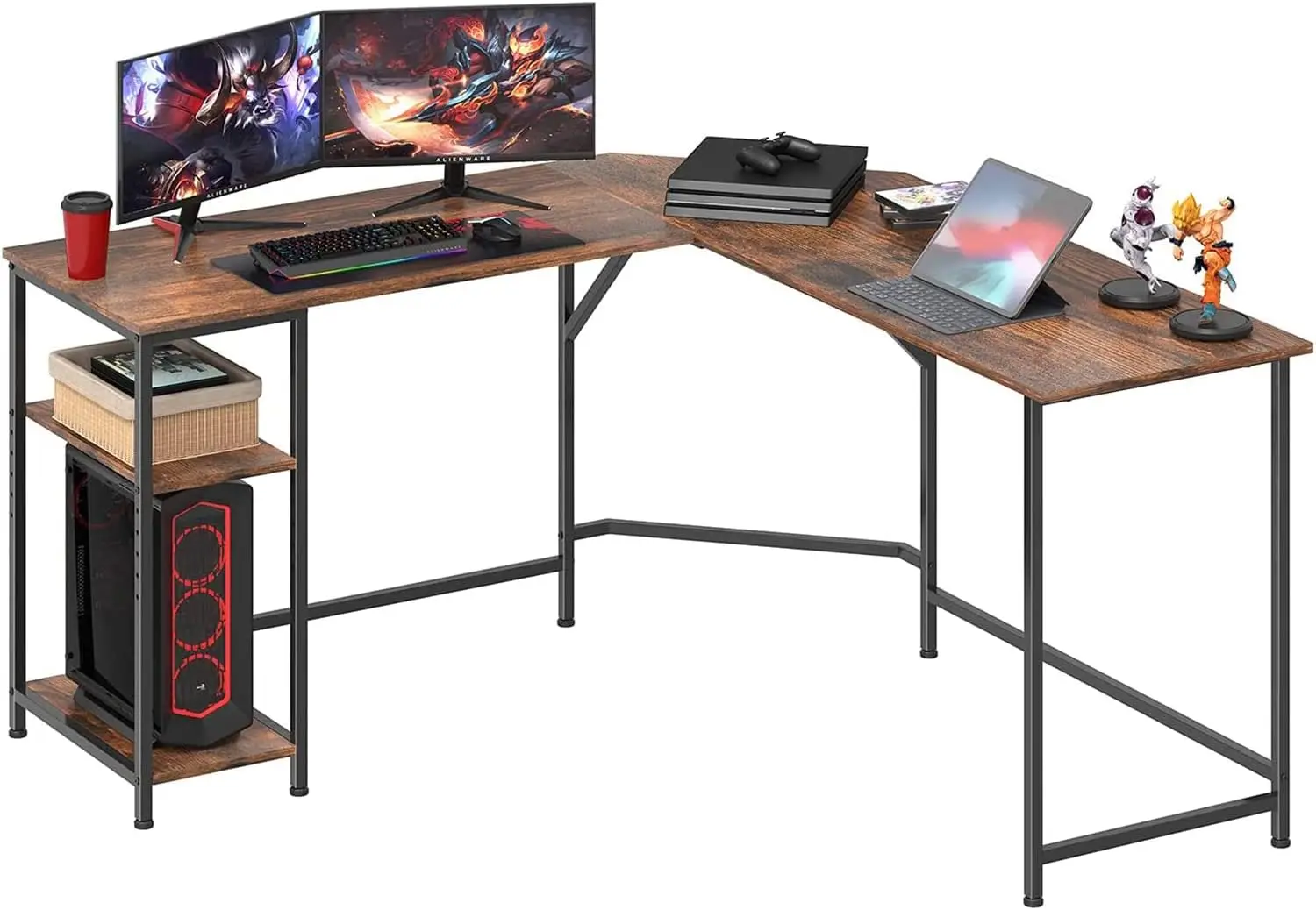 

L-Shaped Desk, 57'' Coner Desk, Large Computer Desk, Gaming Desk, Home Office Writing Desk with Shelves, Reversible PC Rattan