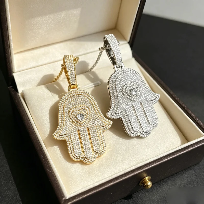 Hip Hop 3A+ CZ Stone Paved Bling Iced Out Hand Of Fatima Heart Pendants Necklace For Men Charm Rapper Jewelry Gold Silver Color