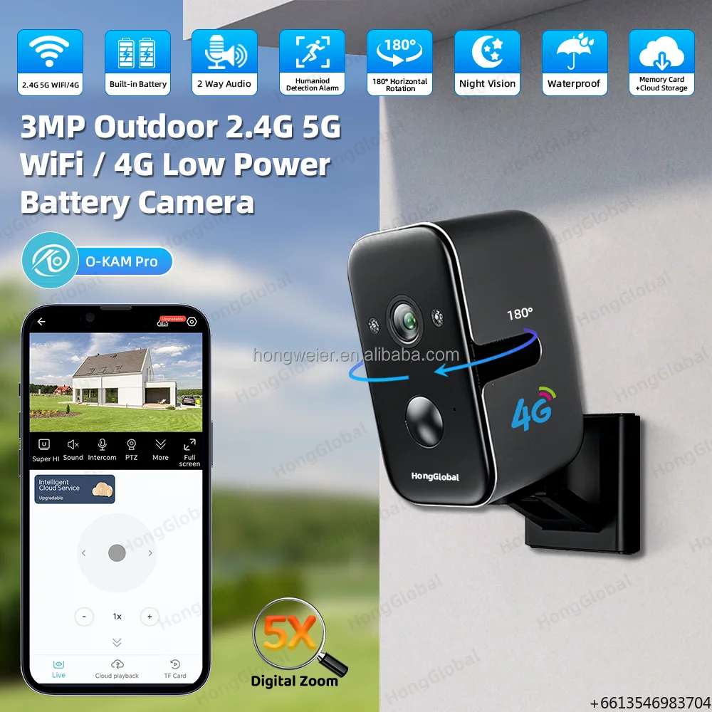 HongGlobal 3MP Waterproof Low Power Smart Wireless PTZ IP Battery Camera O-Kam Pro 4G Sim Card 2.4G 5G WiFi Security CCTV Camera