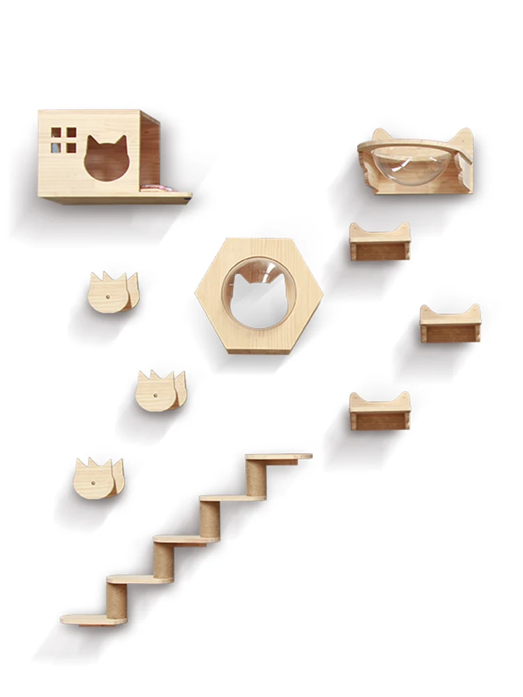 Cat Climbing Frame Wall-Mounted Solid Wood Wall-Mounted Cat Nest Tree Integrated  Climber Space Capsule Non-Occupied