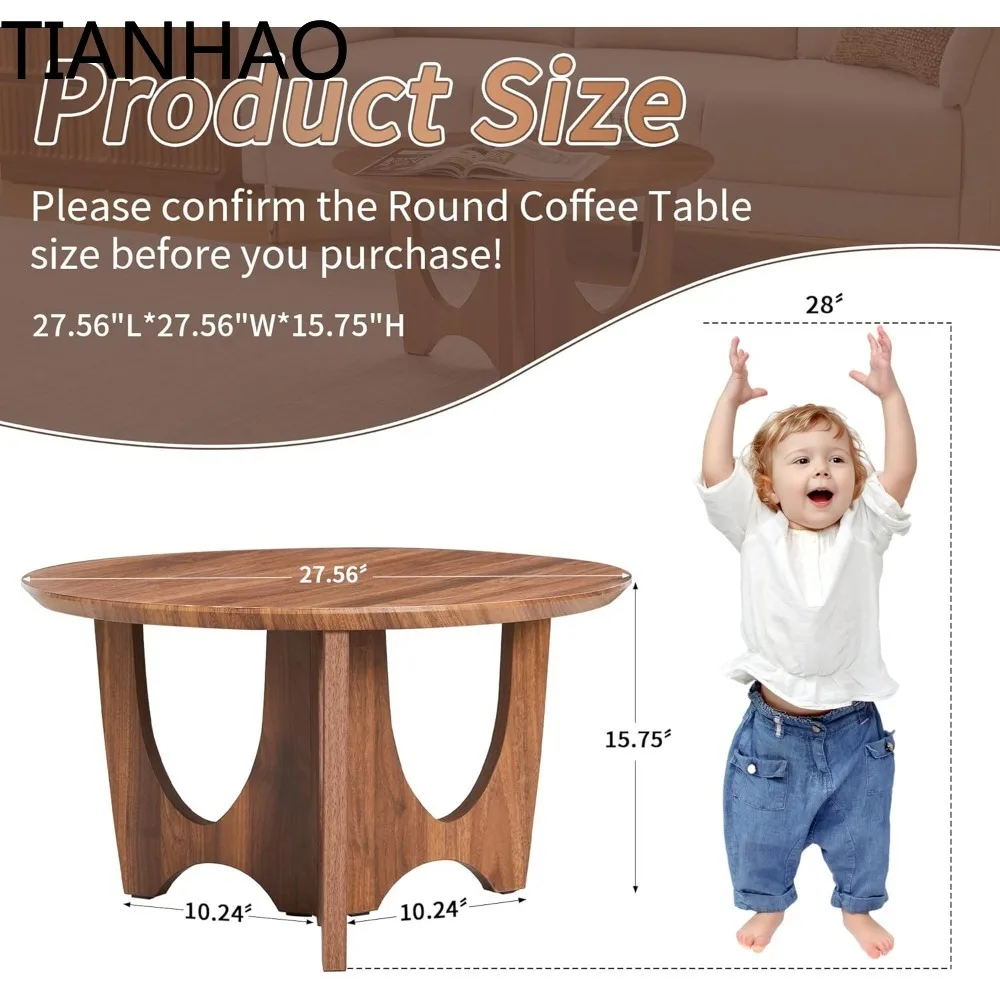 Round Coffee Table, 27.5'' Farmhouse Coffee Table,Mid Century Modern Circle Tables for Living Room Small Space