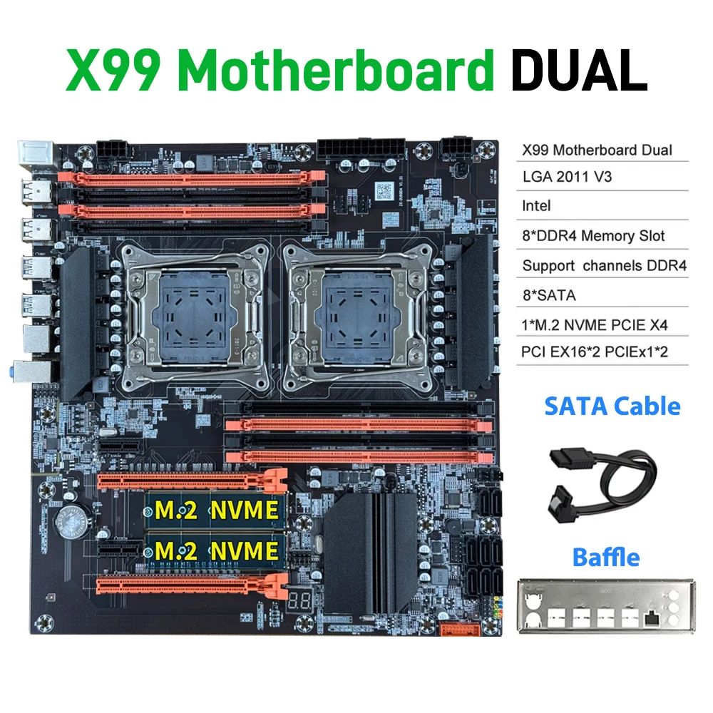 X99 Motherboard Dual CPU LGA 2011-3 Dual Socket Desktop Mainboard Support USB3.0 SATA3 8 DIMM DDR4 M.2 NVME Intel Xeon E Series