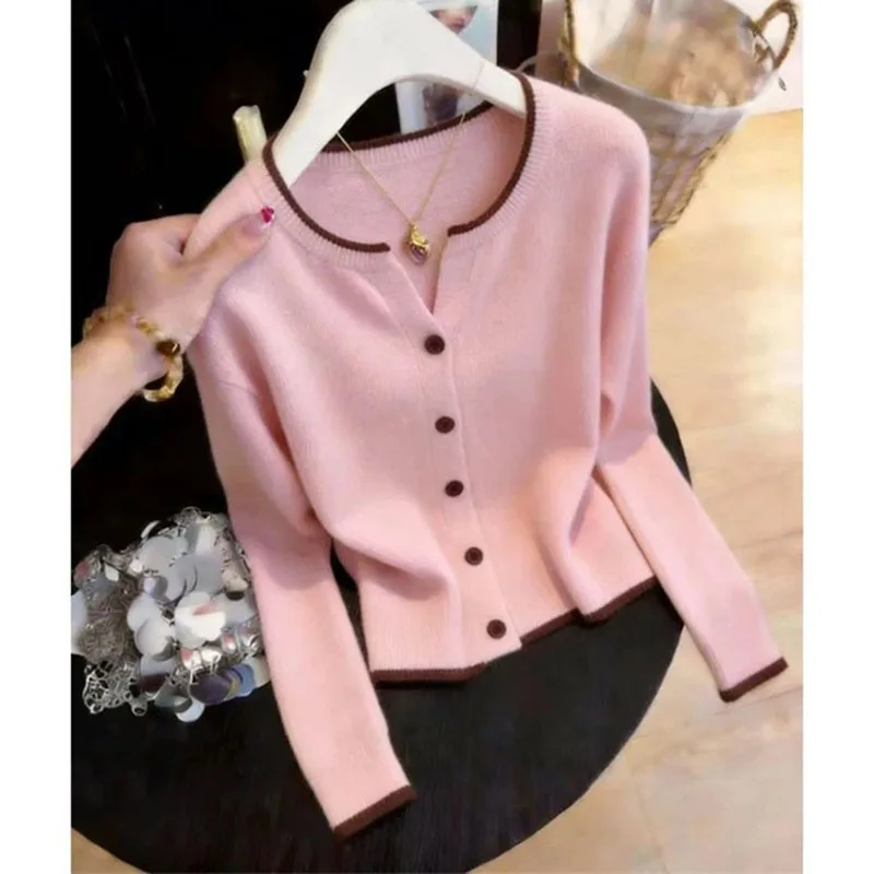 Spring Autumn Women Fashion Round Neck Cardigan Sweater Female Long Sleeved Knitted Korean Ladies Casual Color Blocking Knit Top