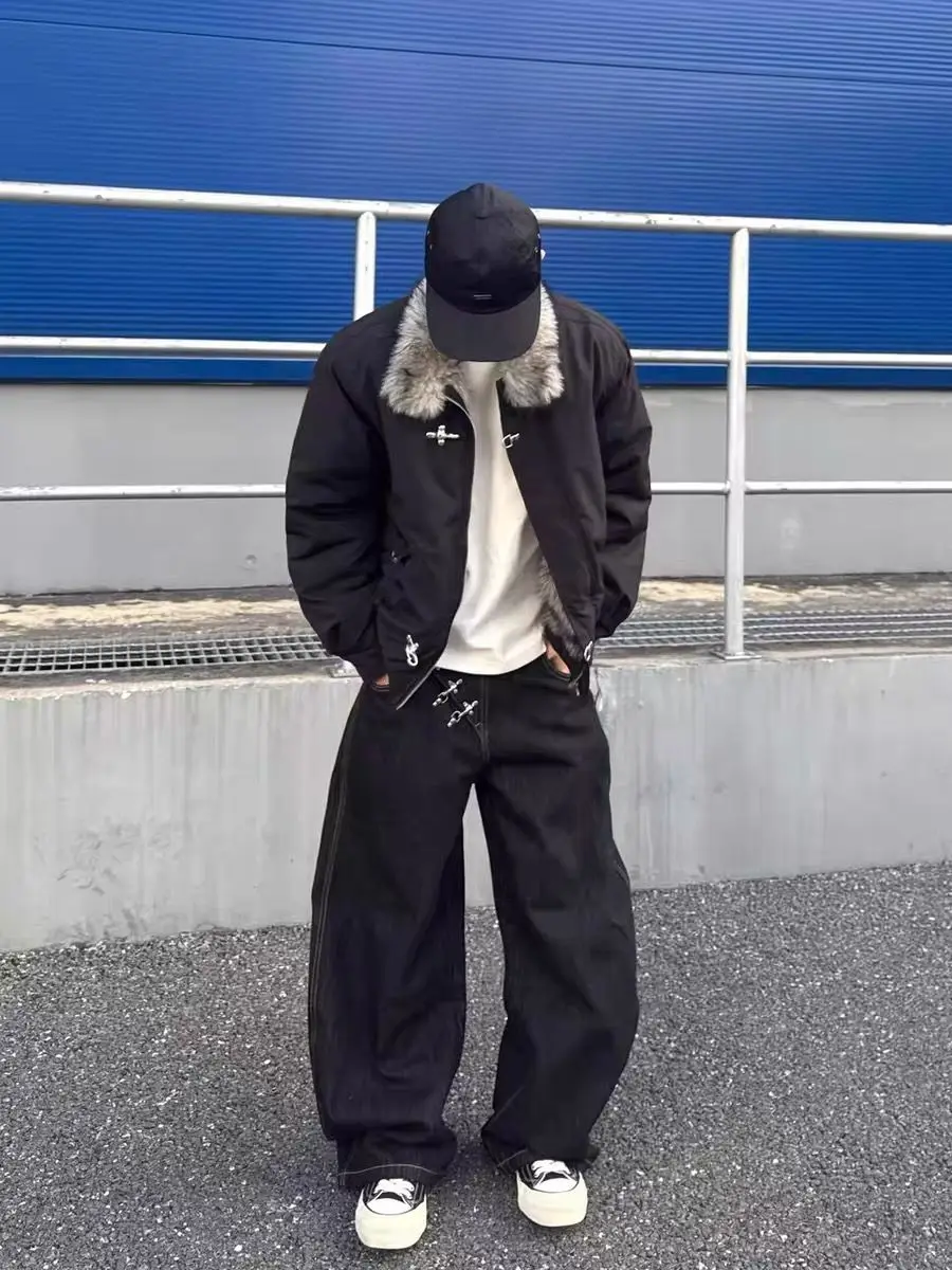 

American Vintage Black Raw Denim Baggy Jeans Men Women Asymmetric Fly Hook Closure Wide Leg Pants Y2K Streetwear Harajuku Outfit