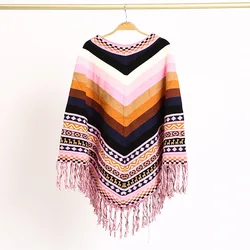 Peruvian National Style Fashion Tassel Travel Coat Shawl Cloak Women's Autumn Winter Warm Cover Lady Ponchos Capes Pink