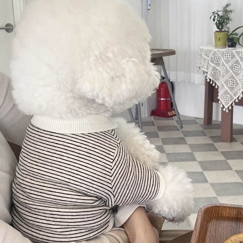 

Fashion Pet Stripe Dog Clothes Autumn Pet Lapel T-shirt Teddy Warm Bottom Shirt Bichon Pomeranian Soft Puppy Two Legs Clothes