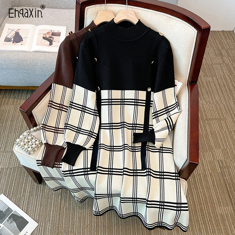 

EHQAXIN Autumn Winter Womens Knit Dress 2023 Fashion Loose Strap Splice Mid Length Pullover Plaid A-Line Pleated Dresses M-4XL