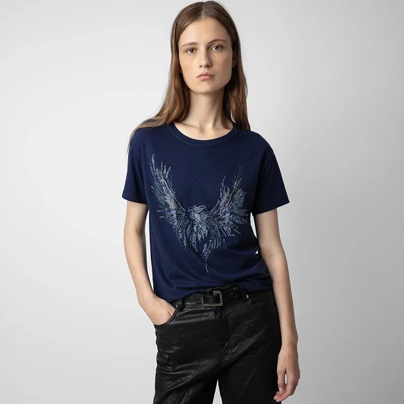 

2024 Early Spring New French Minority Phoenix Wings Hot Drill Linen Royal Blue Women's Short-sleeved T-shirt