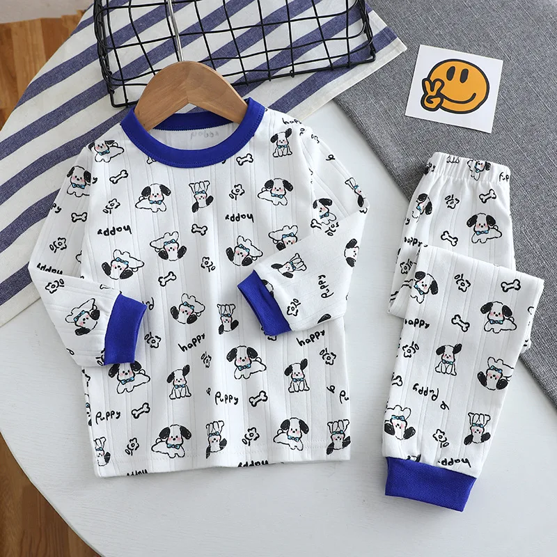 New 2023 Baby Boys Girls Warm Pajamas Kids Cute Cartoon Print O-Neck T-Shirt Tops with Pants Children's Autumn Clothing Sets