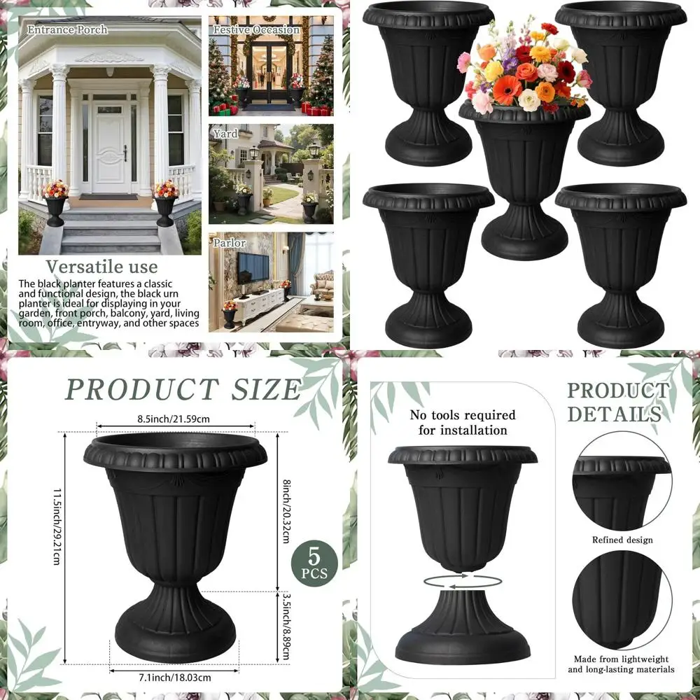 

Набор из 5 черных пластиковых кашпо-урн с подставками, 10x11,5 дюймов, для декора на улице и в помещении, идеально подходит для свадеб и торжеств