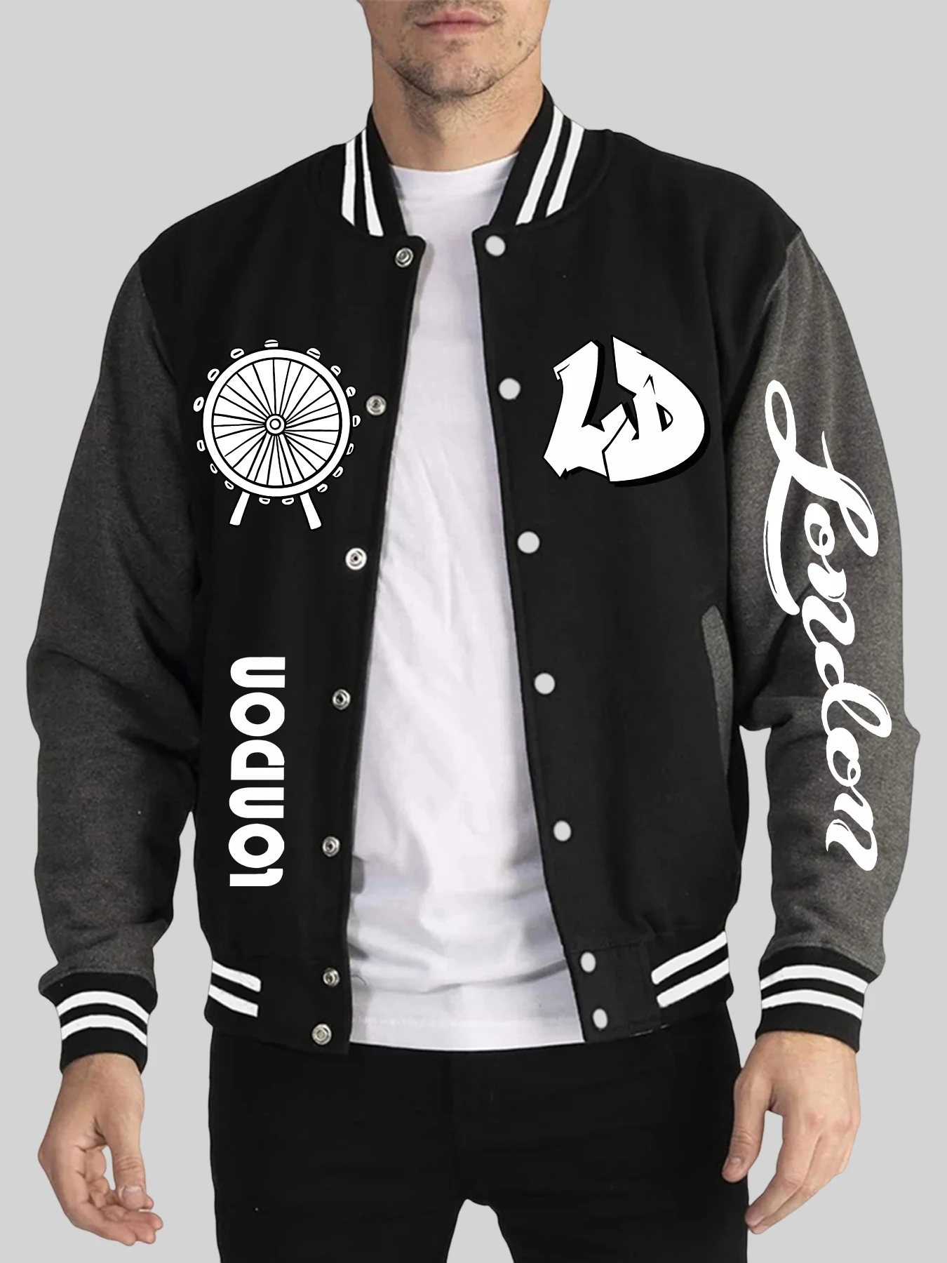 

London Art Letter Creative Print Jacket Men Casual Pocket Baseball Uniform Trendy High Street Sportswears Autumn Winter Tops