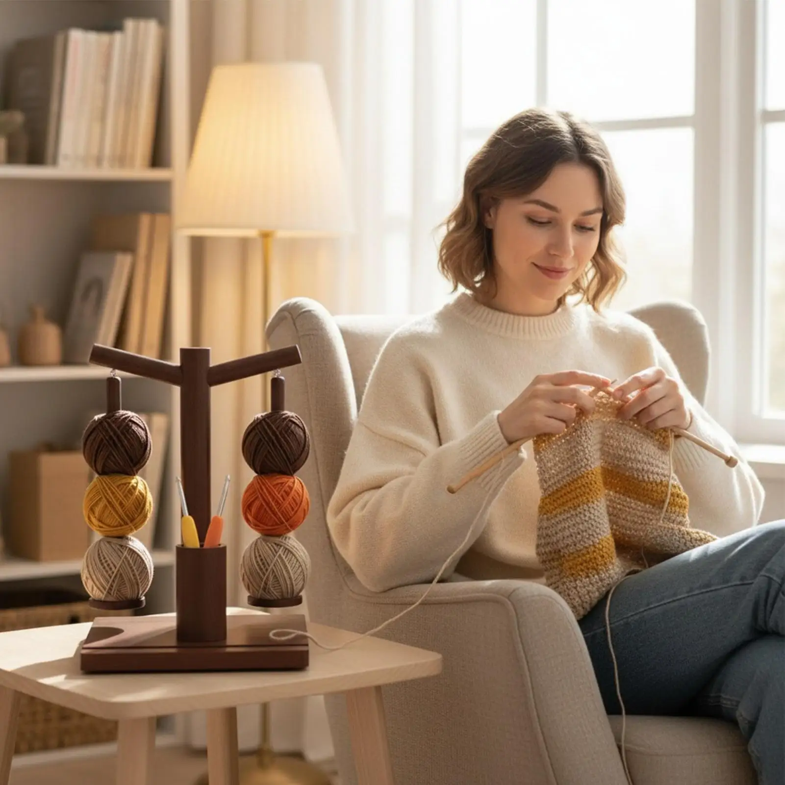 Yarn Holder Spinner Magnetic Rotating Wooden Knitting Spinner Wooden Yarn Ball Holder With Phone Stand And 2 Spindles For