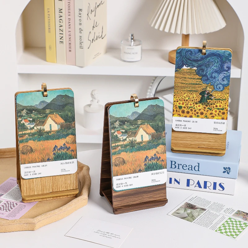 

2026 New Creative Oil Painting Desk Calendar, Wooden Minimalist Card Style Calendar, Art Landscape Series Ornaments Calendar