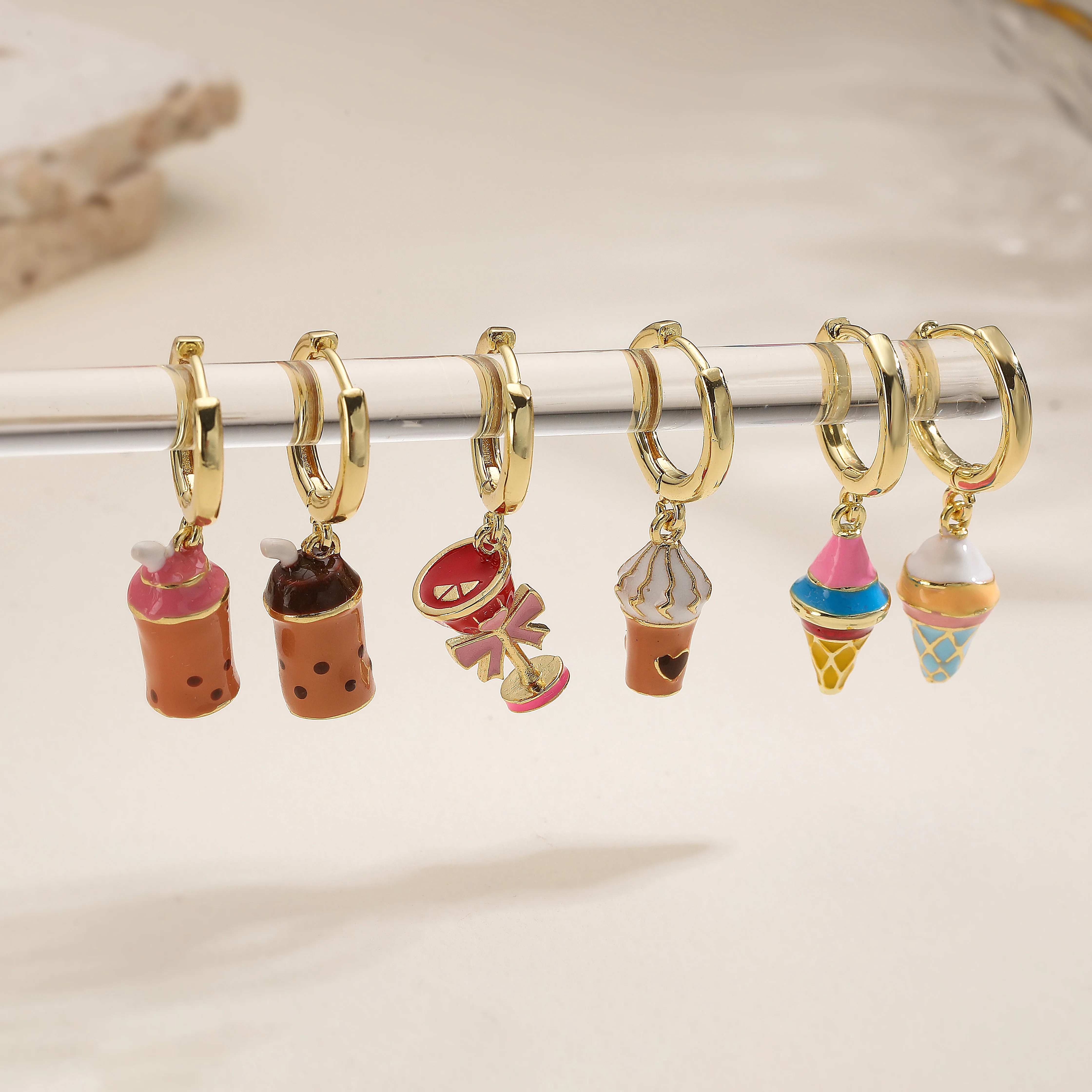18K Gold-Plated Brass Enamel Droplet-Glazed Cheese Pizza Red Wine Glass Charm Hoop Earrings for Women Cute Sweet Cartoon Jewelry