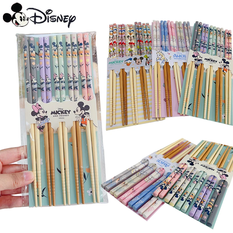 Kawaii Disney Chopsticks Set Cartoon Mickey Minnie Chopsticks Chinese Hot Pot Chopsticks Bamboo Chinese Tableware 5Pairs Set