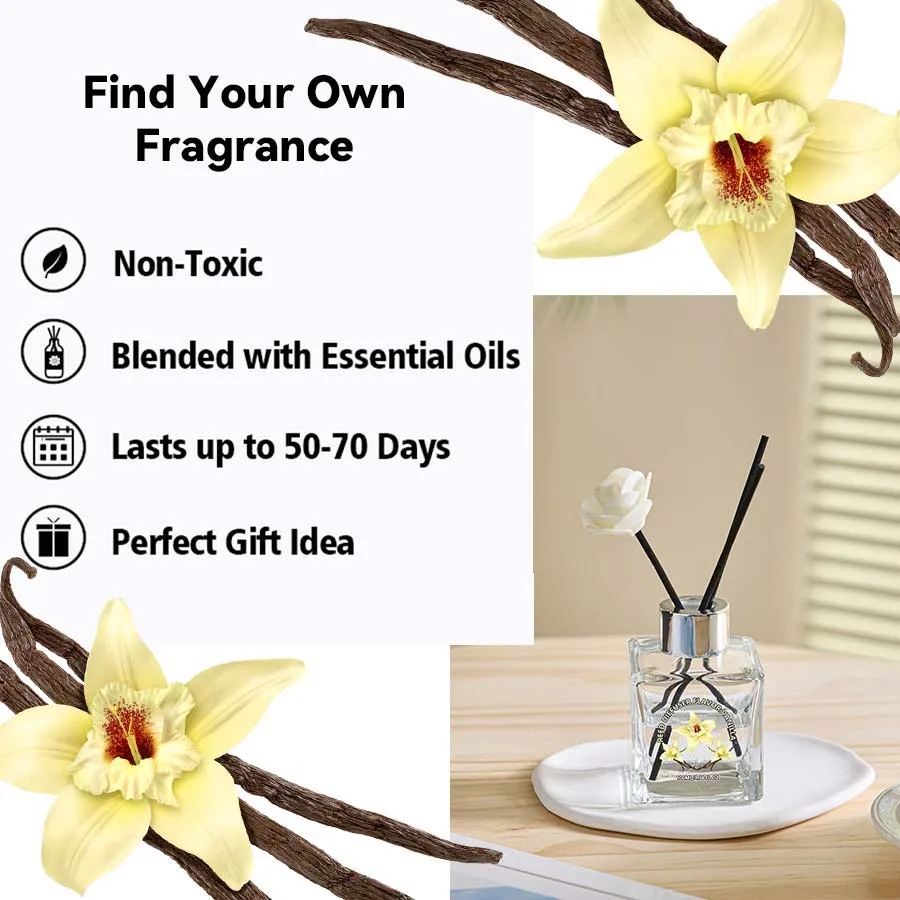 Flower Reed Diffuser-Vanilla Scent 3.38oz Scented Diffuser with Sticks Home Fragrance Essential Oil for Bathroom Shelf Decor