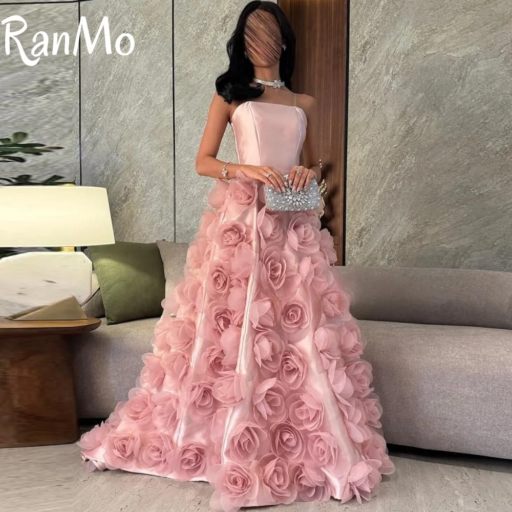 Ranmo 2025 Customised Evening Dress Luxury 3D Flower Lace Party Gown Strapless Floor-Length Party Dress فساتين سهرة