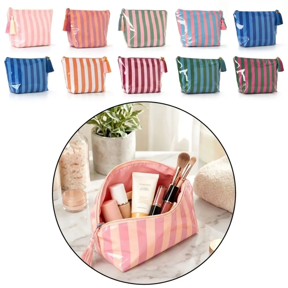 Reusable PVC Cosmetic Bag Glossy Striped Toiletry Pouch Flat Bottom Waterproof Travel Pouch Women