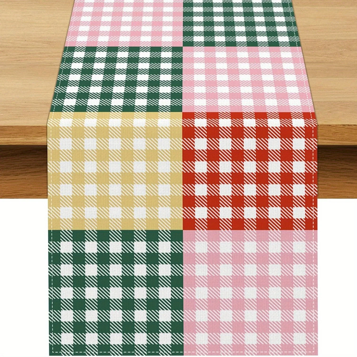 Farbblock-Gingham-Tischläufer, Retro-Pastell-Karo-Patchwork-Flachdruck, Stilvolle Tischdekoration für Zuhause, Küche und Esszimmer