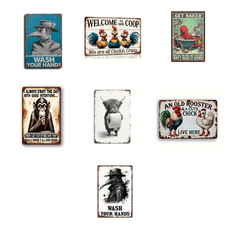 12PD Handcrafted Farmhouses Theme Tin Sign Wall Decors Countrysides Animal Art Iron Painting Hanging Plaque for Garden