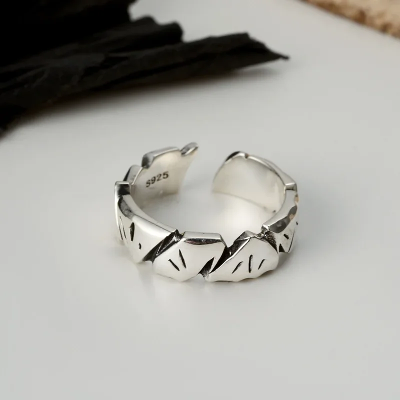 Ables Chic Antique Thick Crack 925 Sterling Silver Open Ring Irregular Handmade Rings R1061