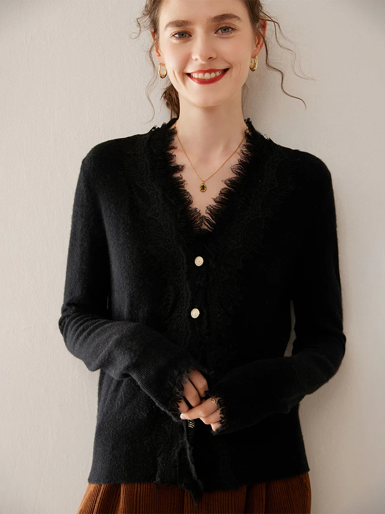 

Women Tassel Lace Pure Cashmere Cardigan Sweater Autumn Winter New V-neck Button Soft French Style Elegant Slim Knitted Jacket