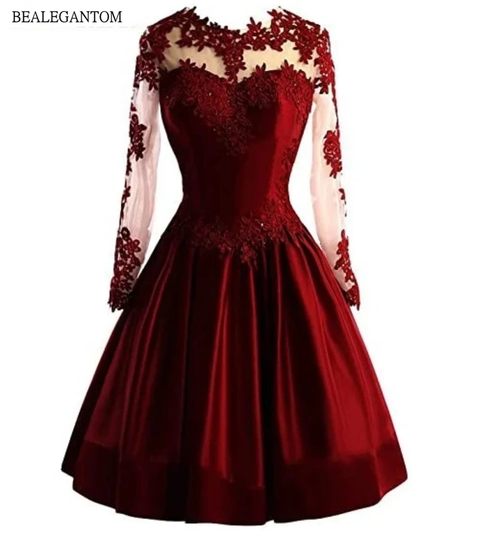 

Bealegantom Long Sleeves Short Homecoming Dresses Applique Satin Mini Graudation Cocktail Prom Party Gown QA249