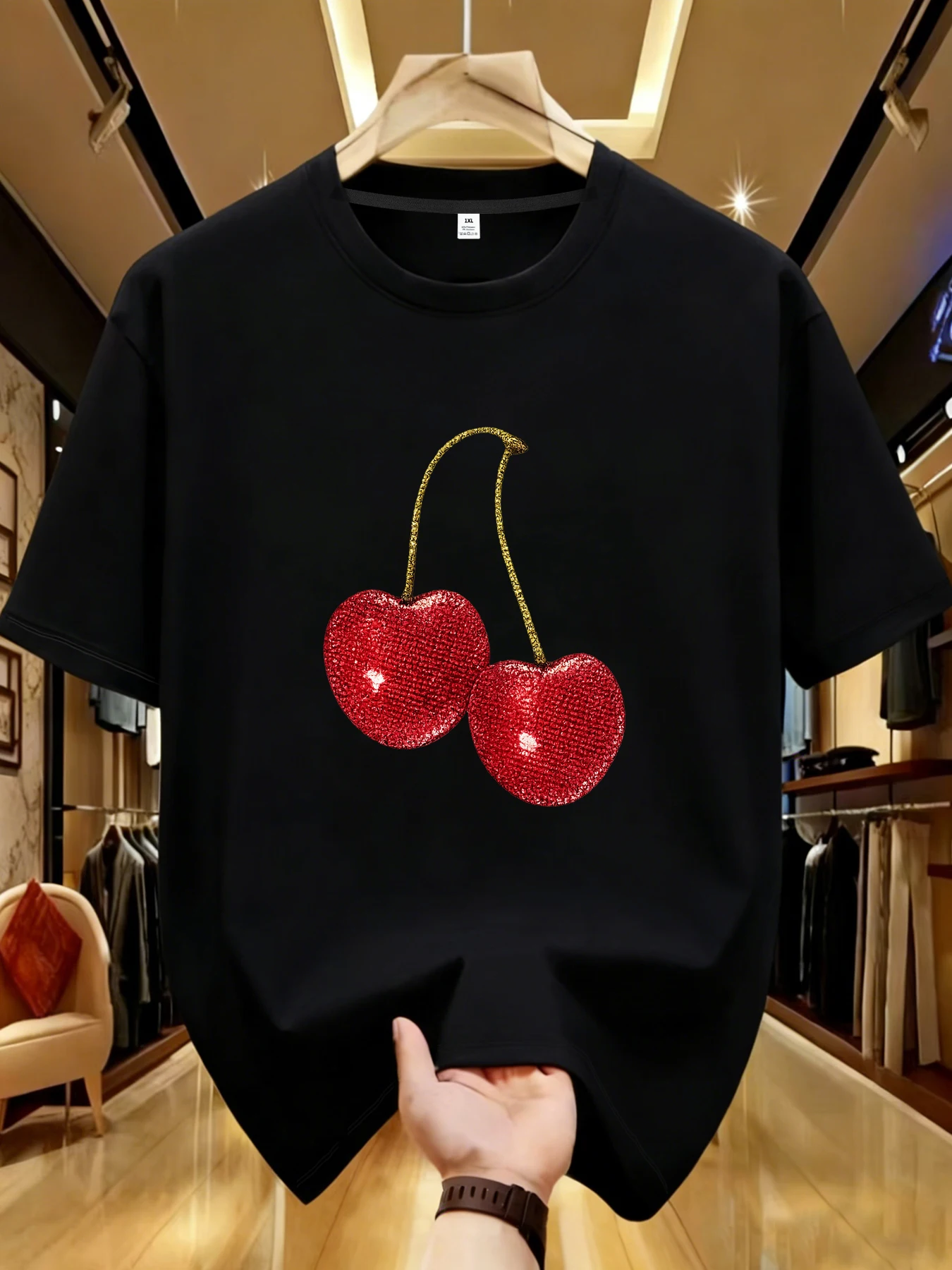 

【WDS016】Cherry printing plus size women's round neck T-shirt summer casual street fashion women's wild short-sleeved T-shirt
