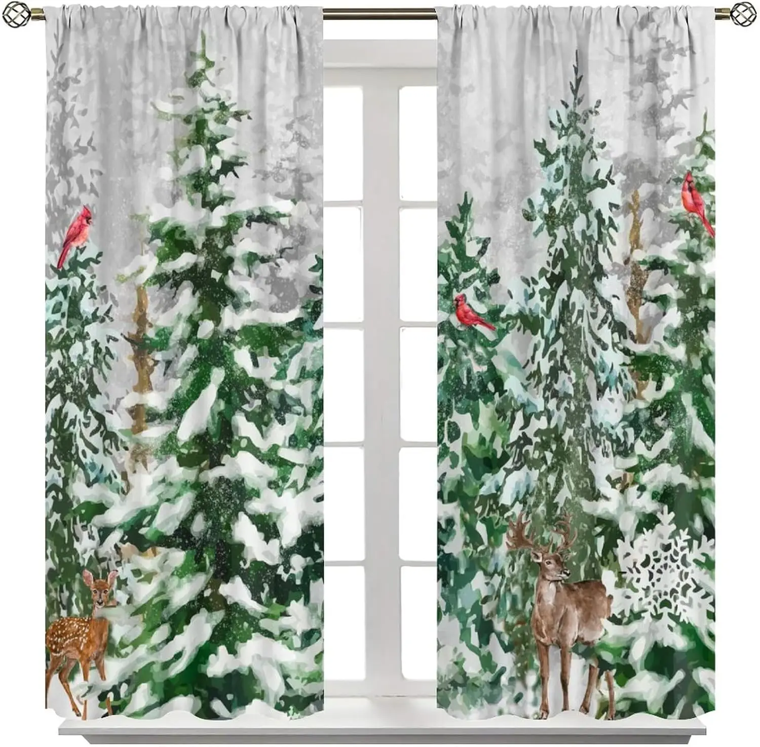 Winter Snowy Forest Curtains with Christmas Pine Tree,Snowflakes,Cardinal and Deer Print,Festive Drapes for Bedroom,Living Room