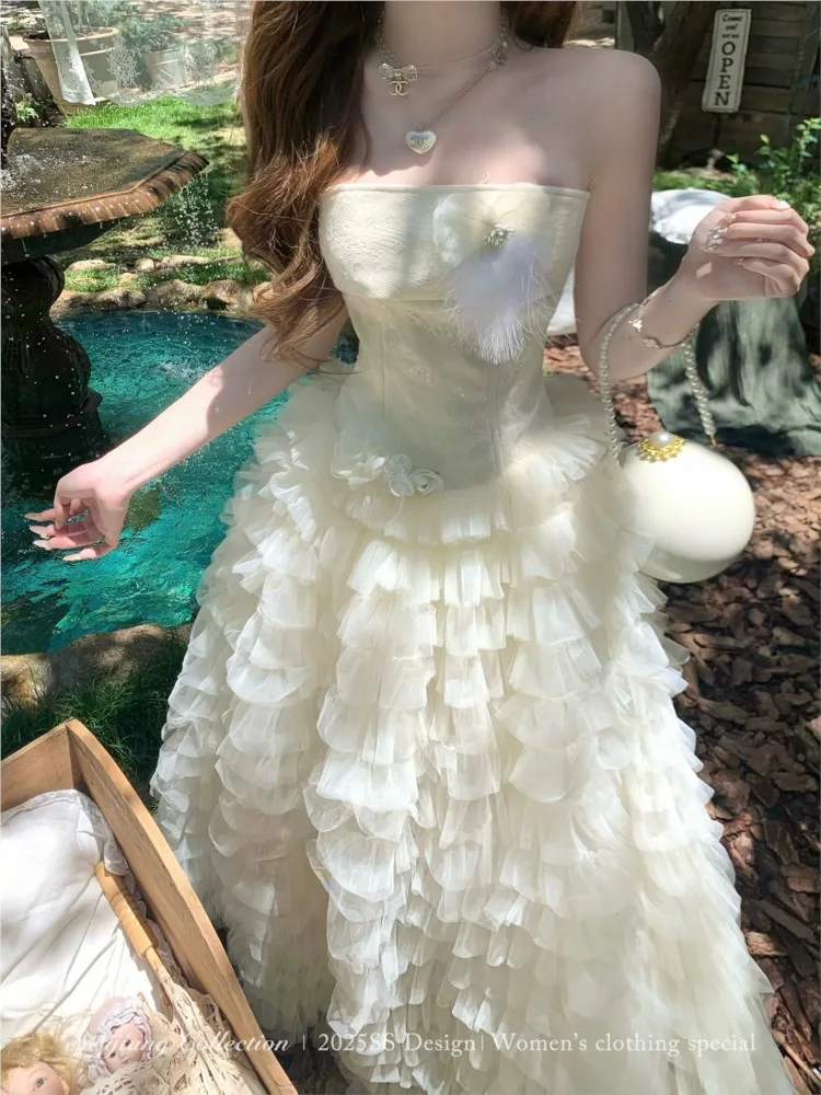 Gentle and sweet strapless off-the-shoulder mesh cake elegant long dress