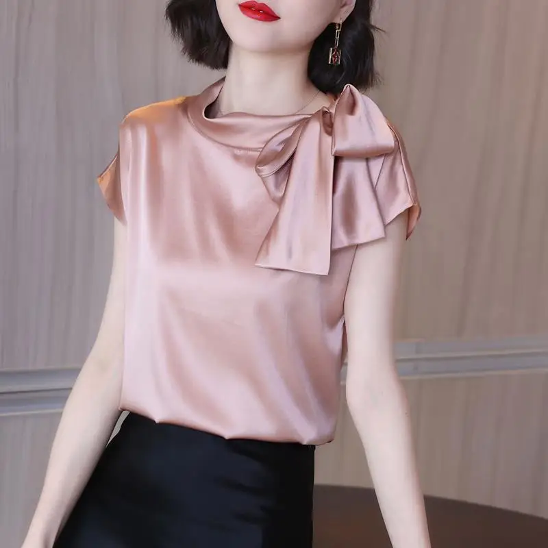 Temperament Bow Patchwork Blouse Summer New Solid Color Thin Loose Short Sleeve Elegant Shirt Tops Fashion Trend Women Clothing