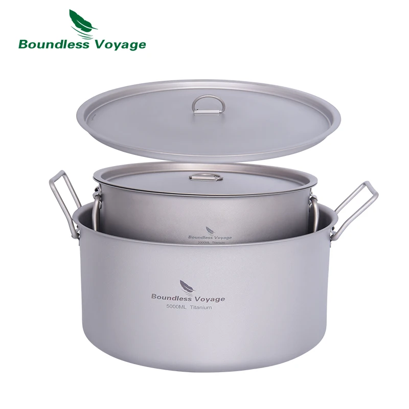 Boundless Voyage Camping Pot 2L / 5L Titanium Hot Pot Outdoor Portable Cookware with Lid  Folding Handle Home Hiking Cooking Kit