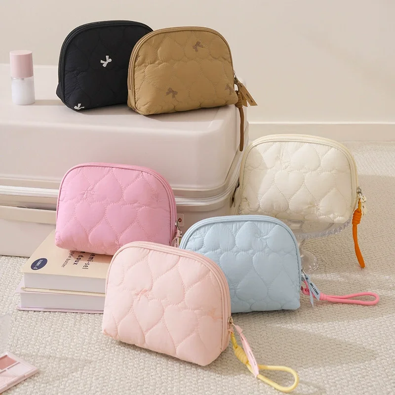 Heart Quilted Half-Moon Cosmetic Bag for Women, Soft Padded Makeup Organizer Pouch, Small Clutch Handheld Storage view 4