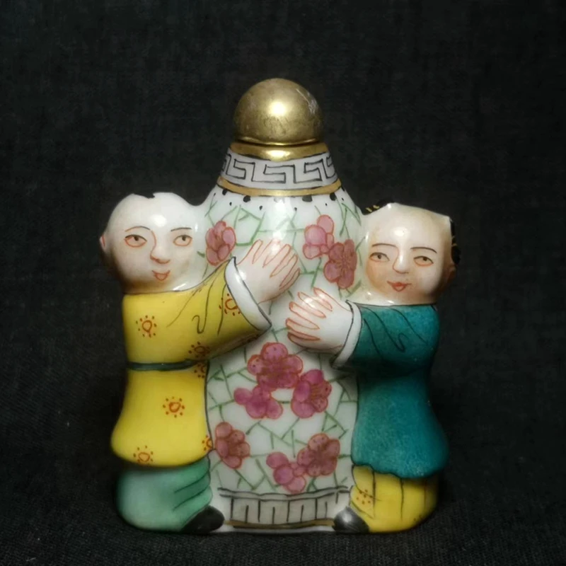 

YIZHU CULTUER ART Height 6 CM Signature Ancient Collection China Famille rose Porcelain Two Boy Snuff Bottle Decoration Gift