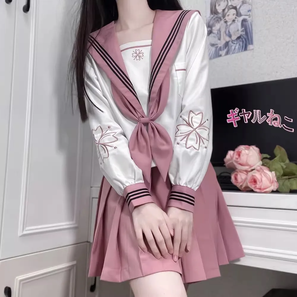 Costume de marin brodé pour fille Gyaru, ensemble uniforme JK à manches courtes et longues, Seifuku, classe japonaise, Anime COS pour femmes