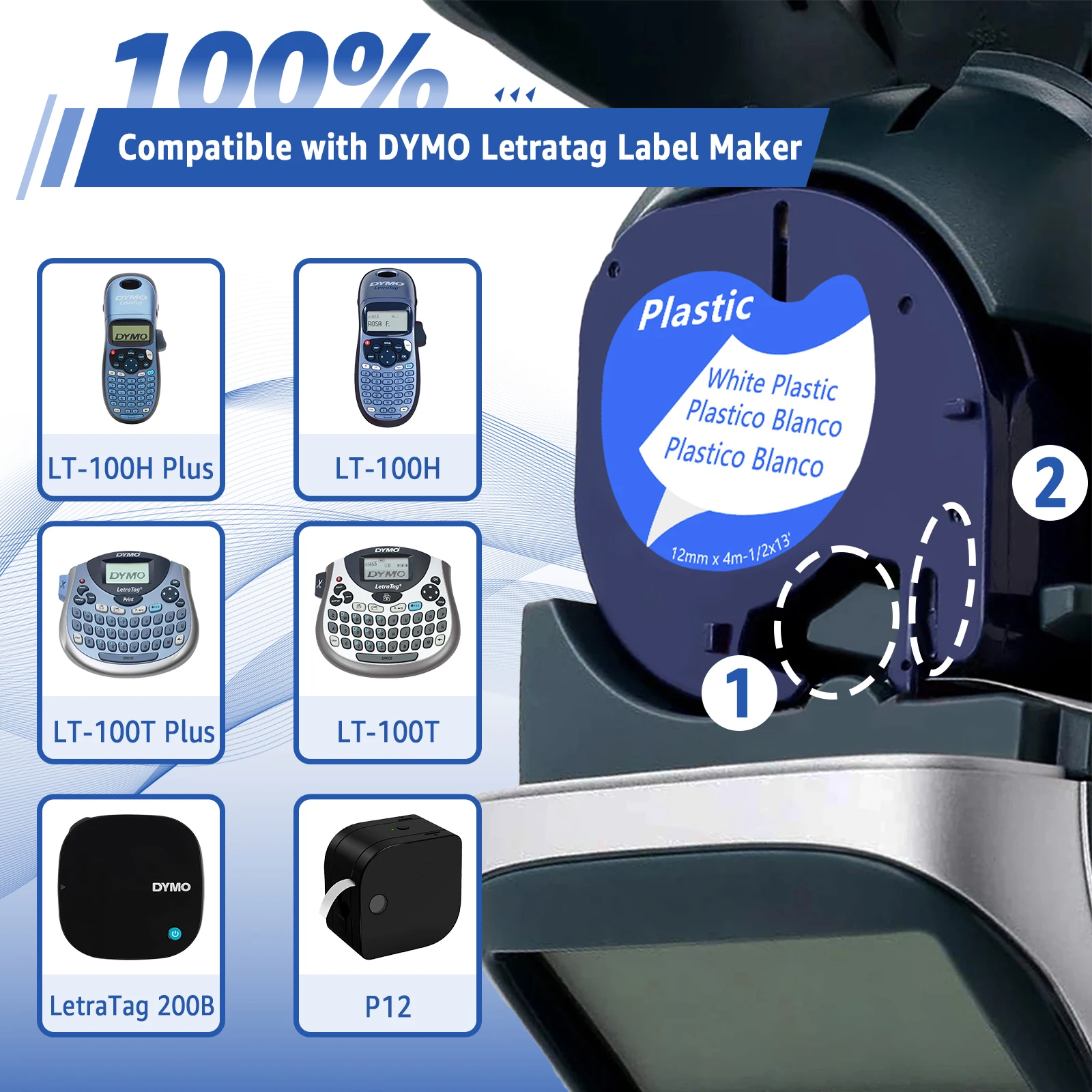 شريط NineLeaf 12 مم متوافق مع ملصق الشريط البلاستيكي DYMO LetraTag 91330 91331 لآلة وضع العلامات LetraTag LT-100T LT-100H