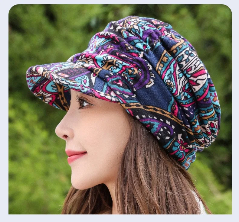 Ethnic Women Hat Short Brim Warm Foldable Earflap Women Cap Ethnic Style Floral Print Autumn Winter Caps Clothing Turban Visor