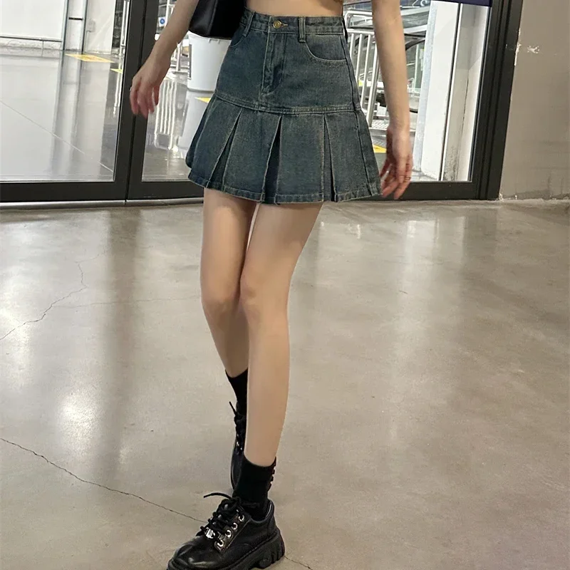 Women High Waist Elegant A Line Skirts Girls Harajuku Designer Denim Mini Dress Female Fashion Y2k Blue Wrap Hips Pleated Skirts