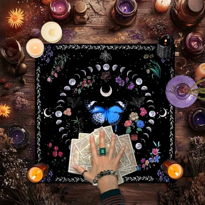 VIKAMA Moon Phase Altar Cloth Butterfly Floral Tarot Card Reading Mat Black Background Witchy Spiritual Home Decor